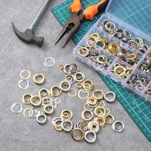 200 Pcs Brass Grommets and Eyelets Kit, 4 Sizes Metal Eyelets with Washers for Fabric, Clothes, Canvas, Curtains, DIY Crafts, Bags and Leather Projects, Corrosion Resistant Fasteners - Gold & Silver