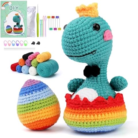 Foneso Crochet Kit for Beginner, Crochet Starter Kit for Adults Kids Women Men, with Step-by-Step Video Tutorials, Complete Kit Included (Colored Dinosaur) Cover