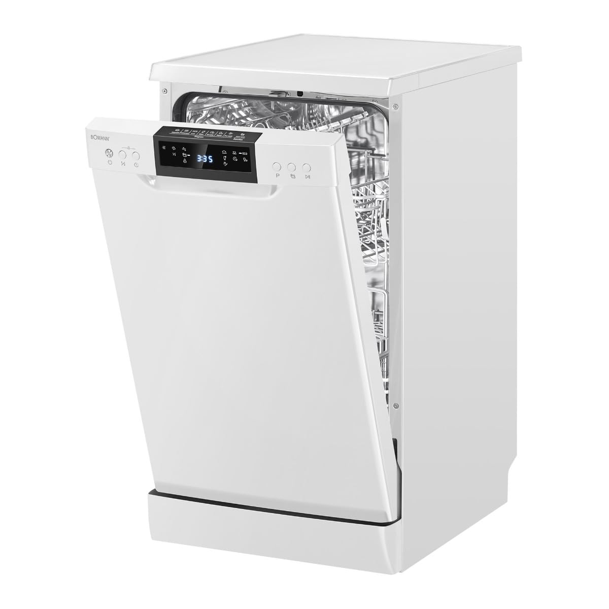Bomann Geschirrspüler 45 cm | 10 Maßgedecke | Spülmaschine Stand o. Unterbau | 7 Programme & 2 Sprühebenen |Dishwasher mit Startvorwahl | Geschirrspüler unterbaufähig | LED- Display | GSP 7418 weiß