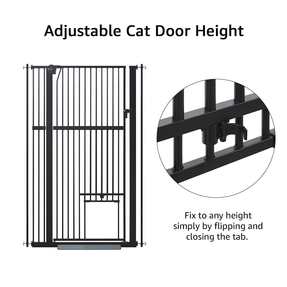 Unipaws - Barrera de seguridad extra alta (142 cm, para perros y gatos, ancho 79-95 cm, fijación por presión sin taladro, para escalera o puerta, cierre automático, color negro