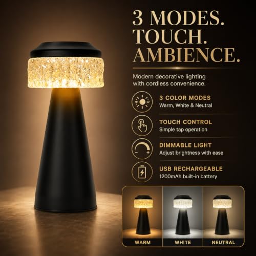 Image of One94Store Table Lamp Type-C Charging 1500mAh Battery,3 Color Dimmable Touch Control Lamp,Lamps for Home Decor and Bedroom, Living Room, Restaurant,Outdoor Use (Diamond Mesh - Black)