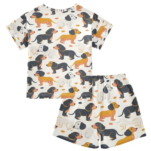 ALAZA Funny Dachshund Dog Yellow Black Pajamas Set Short Sleeve Cotton Sleepwear Summer Pjs 2 Piece 5-14Y2