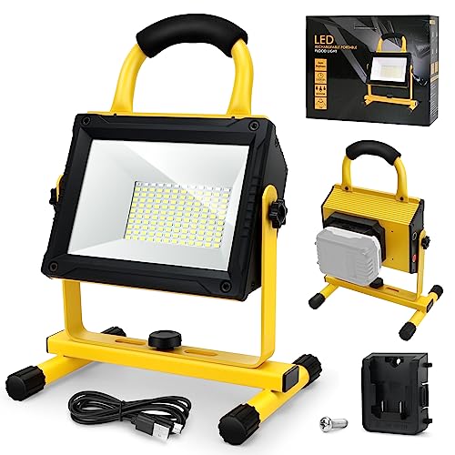 LIVOWALNY LED Work Light for DeWalt 20v Battery, for Milwaukee 18v Battery, 6000LM 60W Portable Emergency Job Site Security Light with Stand for Camping Fishing Car Repair