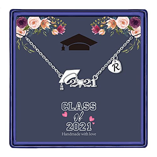 Hidepoo Graduation Gifts Necklaces for Women, 14K White Gold Plated Cubic Zirconia 2021 Graduation Necklace Graduation Gift Jewelry Heart Initial R Necklace 2021 Graduation Gifts for Women Girls
