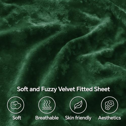 Image of BEDELITE Velvet Fitted Sheet and Pillowcase Set 2Pcs, Twin, Dark Green | Double-Sided Plush Bottom Sheet, Luxuriously Soft & Warm, 360 Elastic & Corner Straps, 15 Inch Deep Pocket, Machine Washable