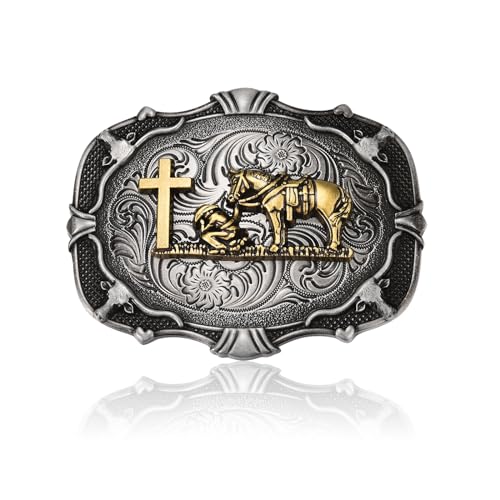 MUSVIKY Western Belt Buckle Cowboy Rodeo Religion Faith Celtic Cross Horse Horseman Design Belt Buckle for Men Cowboy