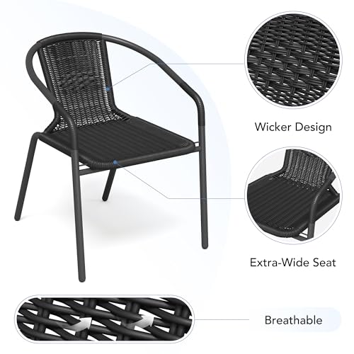 Image of UDPATIO Rattan Patio Dining Chairs Set of 4, Wicker Stackable Outdoor Chairs with All Weather Curved Back & Metal Frame, for Indoor Bistro Deck, Black
