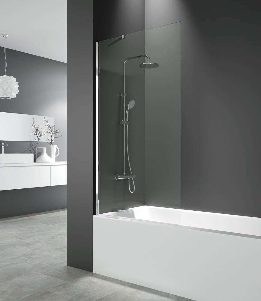 GME - Mampara Bañera Fija Cromo 85cm Frontal con Brazo de Sujeción | Mampara de Cristal Antical y Perfilería de Aluminio con 150cm de Altura | Vidrio con Grosor 8mm