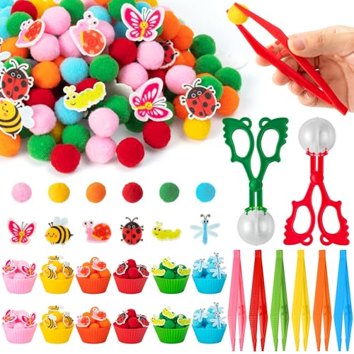 EZdhuawuse Summer Insects Sensory Bin Fillers - 321P Summer Bee Fine Motor Toys Counting Sorting for Easter Gift Counting Toy with Felt Butterfly Pom Pom Cup Clip for Preschool Education Activities