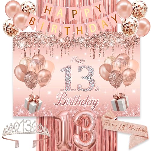 Image of 13th Birthday Decorations for Girls,Banner,Backdrop, it's my 13th Birthday Sash, Sweet Rhinestone Tiara Crown,Balloons