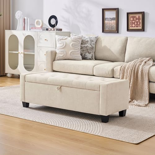 Image of Huatean Home 43 inch Ottoman with Storage, Storage Ottoman Bench with Safety Hinge, Upholstered Entryway Bench with Seating for Bedroom, Living Room, Holds up to 330 lb, Beige