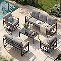 Mvpipi Aluminum Patio Furniture Set, 5 Piece Outdoor Metal Furniture Set w/Rocking Swivel Chairs, 7 Seats Balcony Conversation Sets with Coffee Table, Thick Cushions for Backyard, Poolside, Gray