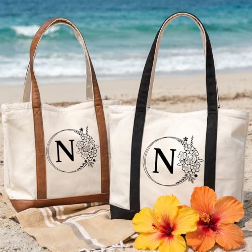 GODMERCH Personalized Initial Canvas Beach Bag, for Wedding, Birthday, Perfect Gifts for Women, Mom,Bridé,Teachers, Friends4