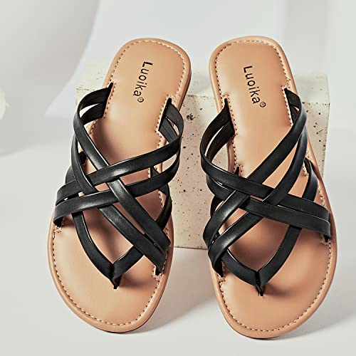 Image of Luoika Women's Wide Width Flat Sandals, Flip Flop Slides Sandal Casual Strapy Sandal Slip on Summer Beach Shoes for Women.