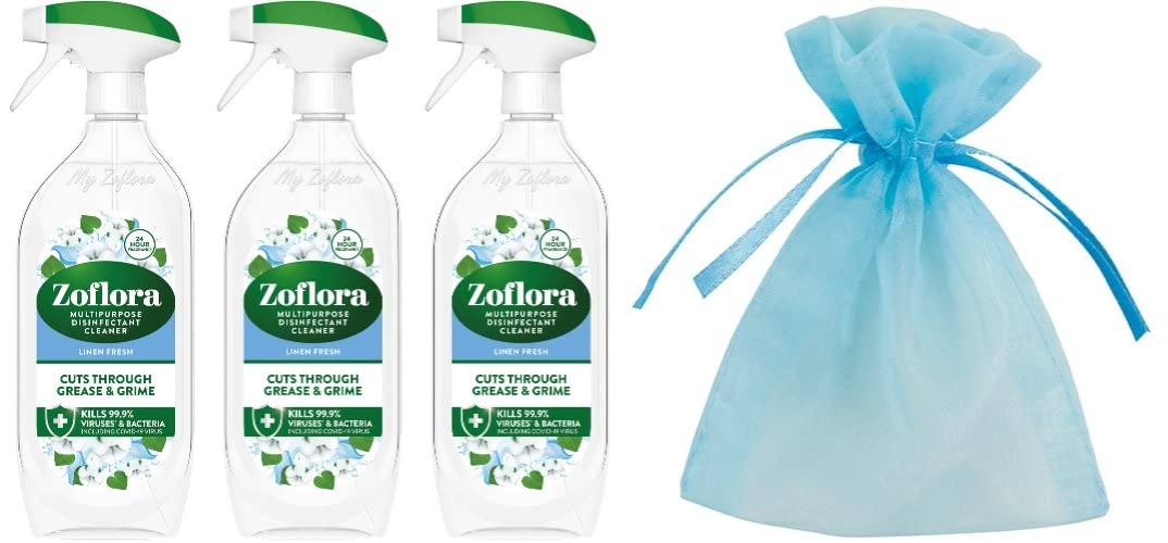 Zoflora Multi Purpose Disinfectant Cleaner Trigger Spray, Cuts Through Grease and Grime, Pack of Three, 3 x 800 ml, Linen Fresh Scent + Our Gift for You - Organza Bag Size 9 x 7 x 0.1 cm