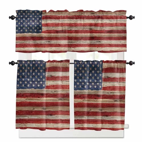 American Flag Kitchen Curtains 24 Inch Length, 3 Piece Rod Pocket Small Half Tiers and Valance Set, Blue Red Star Stripe Farmhouse Wooden Small Large Window Treatment Decor for Bedroom/Bathroom Sink