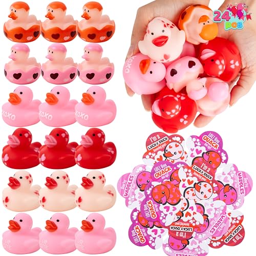 JOYIN 24 Pcs Valentine’s Day Gift Cards with Rubber Duck for Kids,Mini Rubber Duck Bath Toys for Classroom Exchange Prizes, Valentine Party Favors Toys