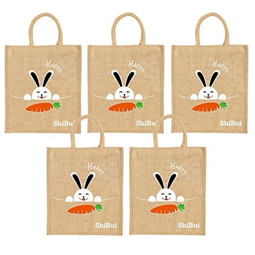 SHIBUI Eco reusable print jute cloth Carry lunch tiffin bag with zip Reinforced Handle for men women, Multicolour (Happy,5)