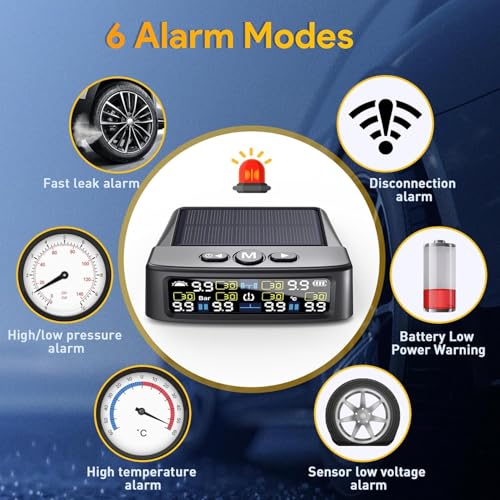 GEARGO Tire Pressure Monitoring System, Real-time Solar Wireless TPMS with 6 Tire Pressure Sensor, Digital LCD Display, Auto Security Alarm for RV SUV MPV Truck Sedan - Image 4