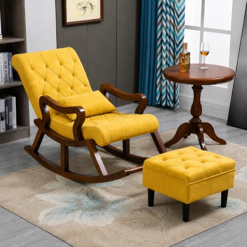 Image of Solid Sheesham Wood Rocking Chair with Ottoman | Velvet Upholstered Relaxing Chair for Living Room | Comfortable Single Seater Arm Chair with Footrest & Cushion | Yellow | Pre-Assembled