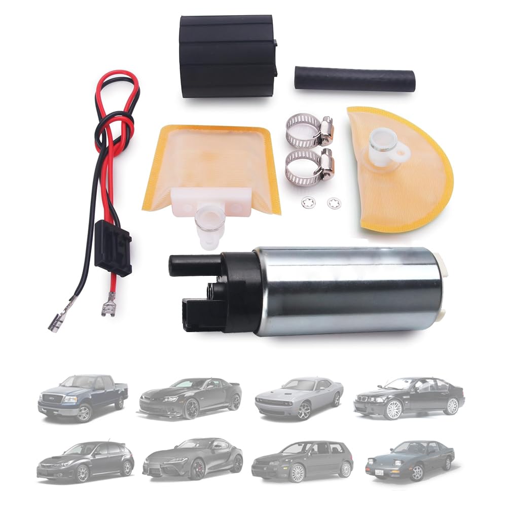 255LPH High Flow In-Tank Electric Fuel Pump Kit | Includes Strainer/Filter, Rubber Gasket/Hose, Stainless Steel Clamps & Wiring Harness | Universal Fit | 3BAR Pressure