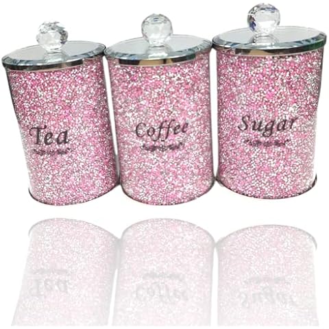 ProTech Crystal Diamante Tea, Coffee and Sugar Jar, Storage Canisters, Trimmings Crystal Filled Jars, Unique Collection, Crushed Diamond Kitchen Accessories, Sparkle Ornaments, Glass Container Pink Cover