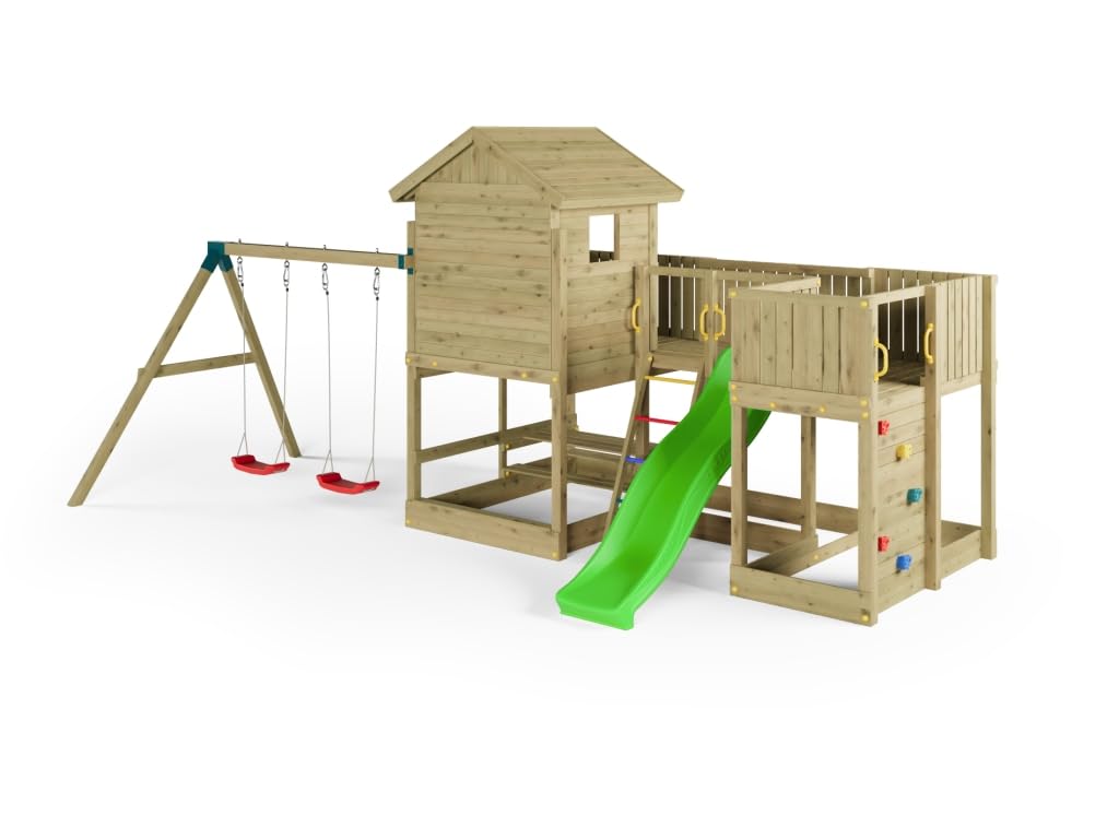 Longstepper Stelzenhaus Grün 575x300x275 cm, Kesseldruckimprägniertes Garten Spielhaus, Inklusive Doppelschaukel Rutsche Kletterwand Und Picknicktisch, Robustes Holz Spielgerät Für Den Garten, 0 x ...