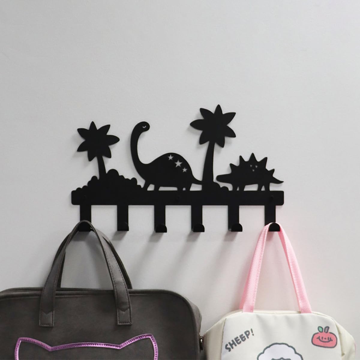Dino-Kinder-Garderobenhaken | Porte-manteau mural pour enfants avec 6 crochets | Porte-vêtements et porte-clés universel pour chambre d'enfant | Acier inoxydable (40 cm, Noir) | Entrée & garde-robe