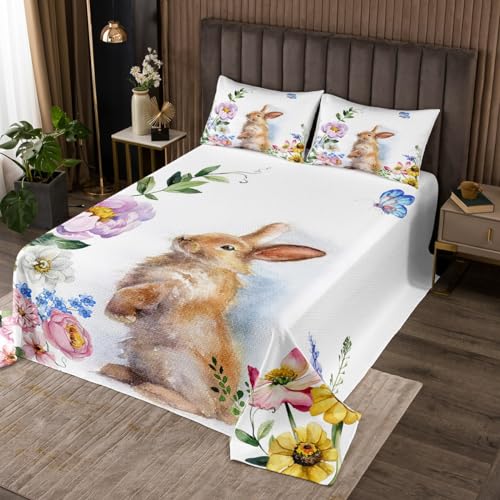 Erosebridal Easter Bunny Coverlet Set for Kids, Cute Rabbit with Flower Bedspread Set King,Cartoon Animal Pet Floral Quilt Set Spring Rustic Farmhouse Bedding Set Easter Decorations for The Home