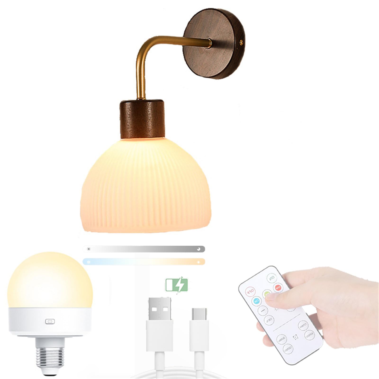 Applique Murale d'intérieur Nordique à intensité Variable 2700 K-6500 K, Douille E27 en Grain de Bois avec télécommande, Lampe Murale Rechargeable par USB, alimentée par Batterie