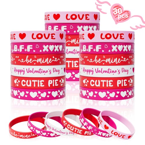 Valentine's Day Rubber Bracelets Bulk - 30PCS Valentines Day Gifts for Kids Valentines Party Favors Supplies Silicone Wristbands Goodie Bag Stuffers Treats Classroom Prizes Accessories Decorations