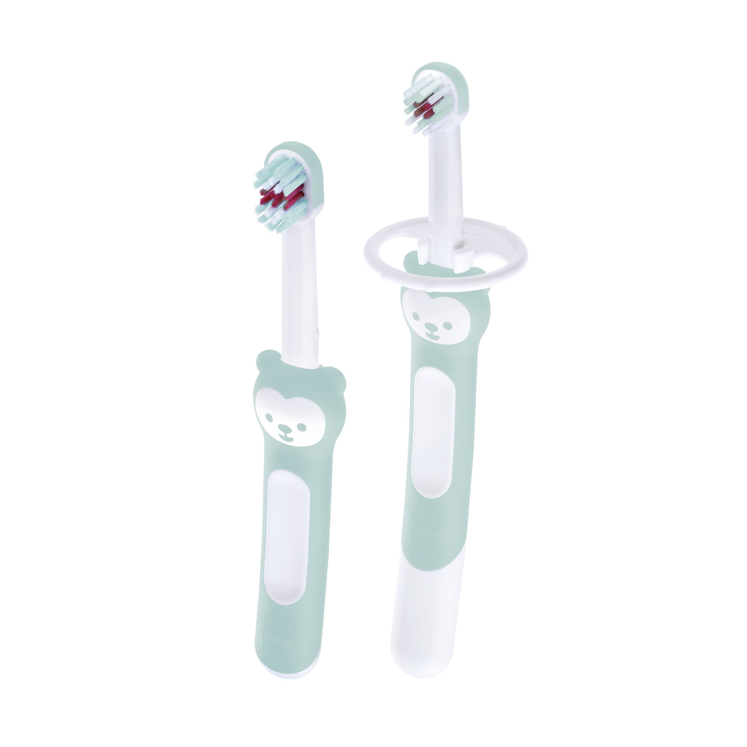 MAM Learn to Brush Set, szczoteczka do zębów dla niemowląt z długim uchwytem do wspólnego trzymania, szczoteczka do zębów dla dzieci trenuje mycie zębów, od 5+ miesięcy, turkusowa, 1 sztuka (1