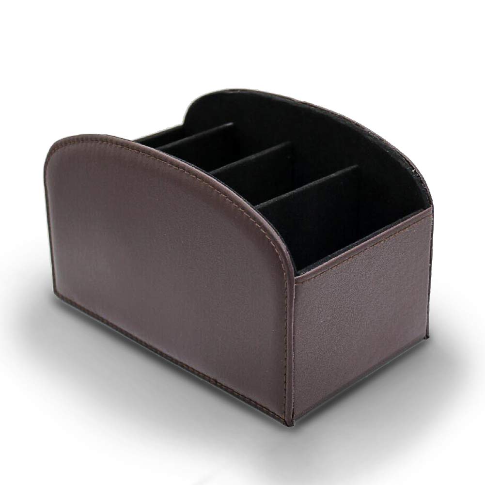 TV Media Storage Organizer Remote Control Holder Stable PU Leather Control Caddy with 4 Spacious Compartments (Dark Brown, 1)