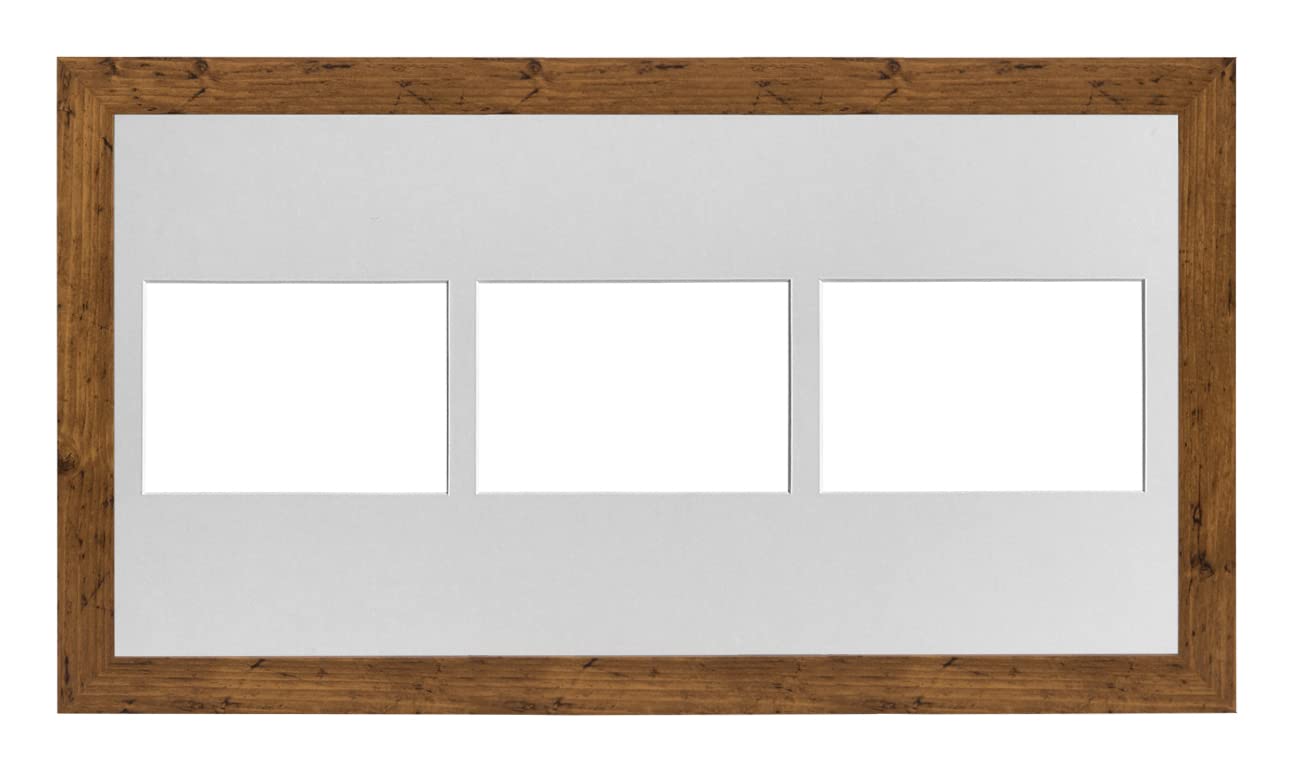 Walnut Frame 20x10' Multi Aperture Picture Frame with White Mount to fit (3x) 6x4' Photos with Perspex Sheet - Wall Mountable Landscape or Portrait
