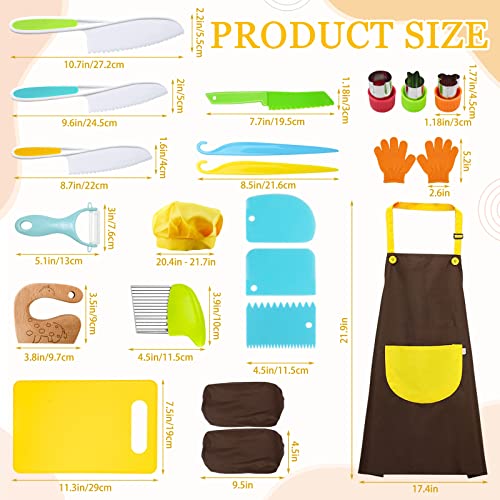 RISICULIS 21 Pieces Toddler Knife, Kids Knife Set Includes Wood Kids Safe Knifes, Plastic Toddler Knifes, Cutting Board, Apron, Chef Hat, Y Peeler, Crinkle Cutter, Cake Scraper