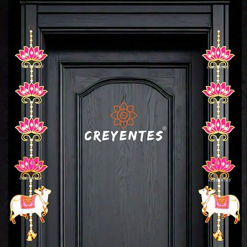 Image of CREYENTES Lotus with Pichwai Cow for Door Decoration (Pack of 2 Line), Handmade Mirror Work, Backdrop, Pooja Room, Diwali, Wedding,Temple, Mdf Material Beautiful and Eye-Catching.