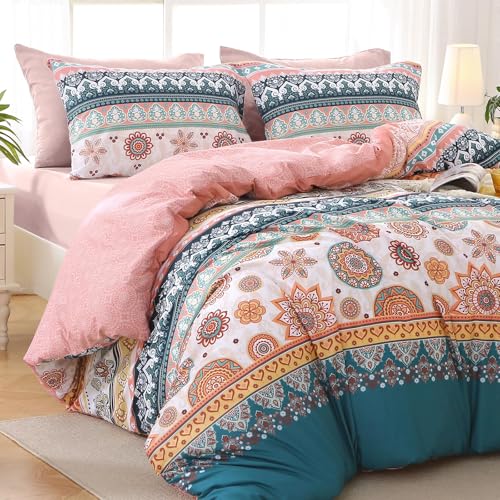 Image of MUXHOMO Bed in a Bag King 7 Pieces, King Comforter Set Reversible Bohemian Botanical Flowers Design, Ultra Soft & Breathable Bedding Sets with Comforter, Sheets, Pillowcases & Shams