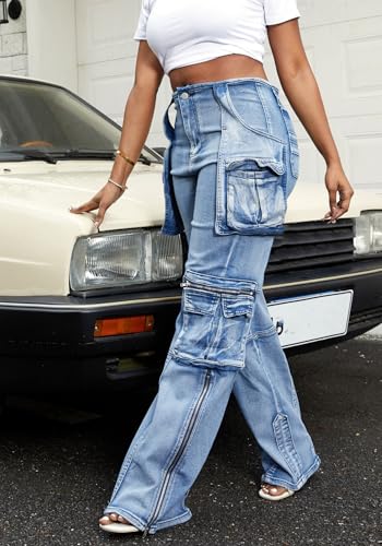 Vaceky Stretch Cargo Jeans Women Straight Leg Side Zipper Slit Y2K Denim Pants with Pockets4