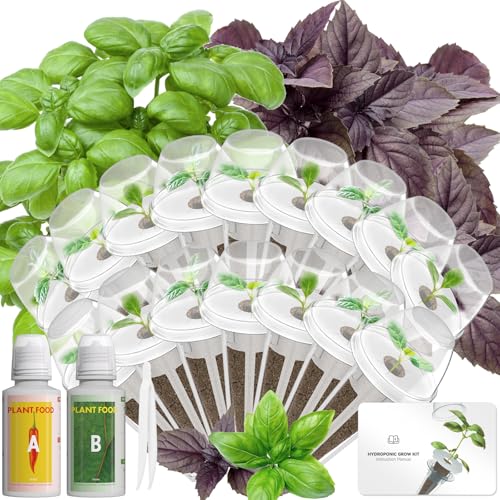 Hydrocultuur zaadpod met Genovese basilicum en paarse basilicum, 16 pods complete set met spons, mand, koepel, label, compatibel met AeroGarden, Ahopegarden, GARDENCUBE, iDoo & MUFGA Smart Gardens
