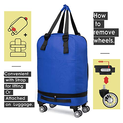 Foldable Luggage Bag with Spinner wheels,Expandable Collapsible Rolling Duffel Bag,Carry On Luggage 22x14x9/Checked Luggage for Travel (2 in 1), Blue