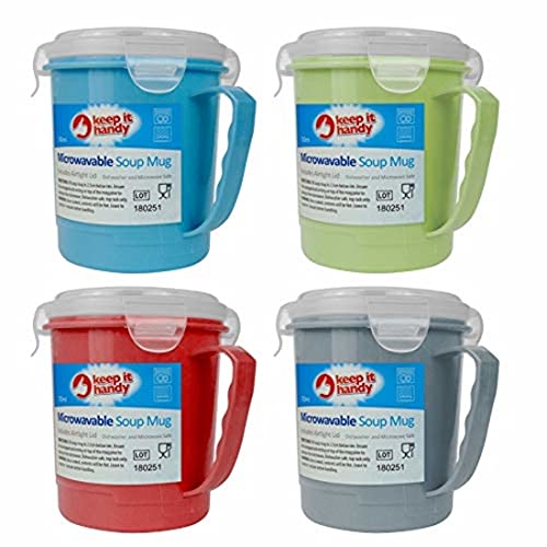 London Empire 4 x 700ml Microwave Soup to Go Container Mugs with Airtight Lid - Assorted Colours - Dishwasher & Microwave Safe