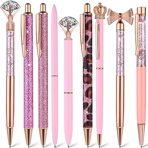 TIESOME 9 bolígrafos de punta redonda metálica con diamantes de cristal líquido, tinta negra, bonitos y elegantes regalos para mujeres y niñas, suministros de oficina (rosa)