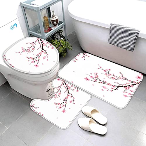3 Tapis de Salle de Bain Fleur De Cerisier Branche De Fleurs Antidérapant Microfibre Fleurs Roses Tapis de Douche 3D Imprimer + Tapis de Contour WC + Tapis de Siège WC en Forme de U Cover