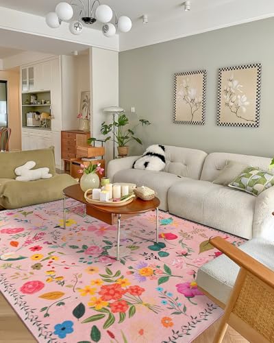 Image of CRYPTOLITE Boho Washable Area Rug 6x9 for Living Room, Bedroom, Office, Playroom, Kitchen or Dining Room, Soft Floral Carpet for Indoor Use, Easy Care Non-Slip Design (Pink)