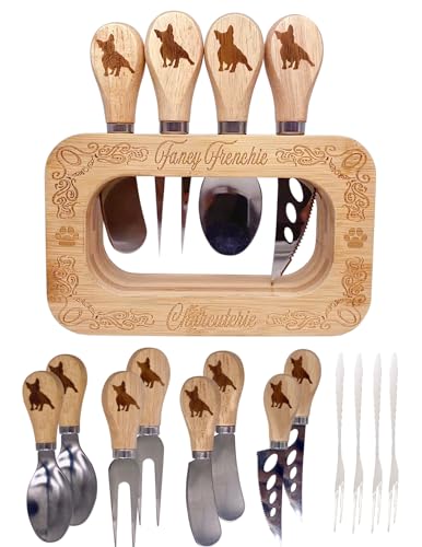 Frenchie The French Bulldog Cheese Board Deluxe Stainless Steel Utensils 12 Set, and Engraved Bamboo Display Stand, Cheese Knives, Forks, Spoons, Spreaders and Mini Forks, Fancy Frenchie Charcuterie