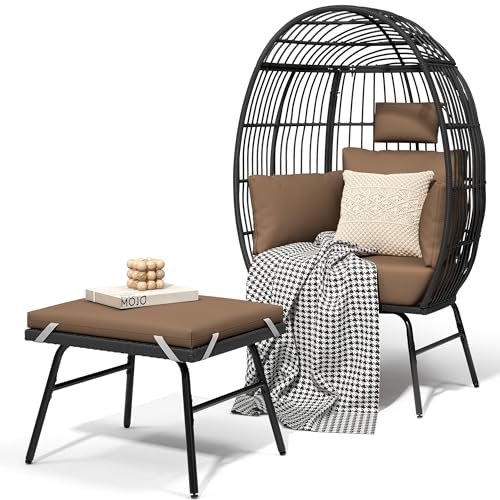 DWVO Outdoor Egg Chair with 2-in-1 Footrest, Patio Wicker Basket Chair with Ottoman, Indoor Egg Chairs with Cushion, Boho Cocoon Chair for Outside, Bedroom, Brown
