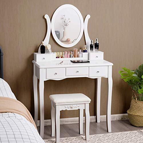 CHARMAID Vanity Set with Removable Makeup Organizer and Oval Rotating Mirror, Makeup Dressing