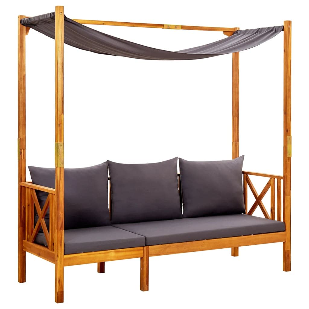 Panca da giardino con baldacchino in legno di acacia massello, letto da giorno esterno con cuscini imbottiti per un comfort ottimale, riparo solare per terrazza e giardino