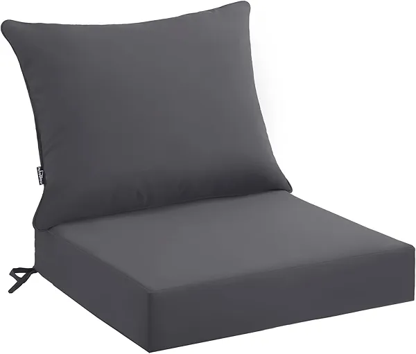 PatioGlow Outdoor Seat Cushion Set 24 x 24 x 4 Inch, Waterproof & Fade Resistant Patio Furniture Cushions with Removable Cover and Ties, Thick Deep Seating Pads for Outside Chair Sofa Couch, Grey