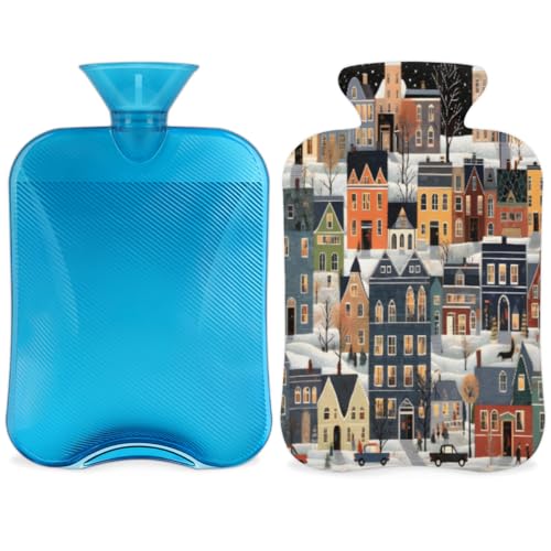 Hot Water Bottle with Soft Cover,2L Cartoon City Hot Water Bag for Hot and Cold Compress, Hand Feet Warmer, Magical City Rubber Hot or Cold Water Bottle Halloween Christmas Decorations